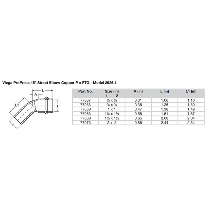 Viega ProPress 3/4" - 45° Copper Elbow - Street/Press Connection - Smart Connect Technology