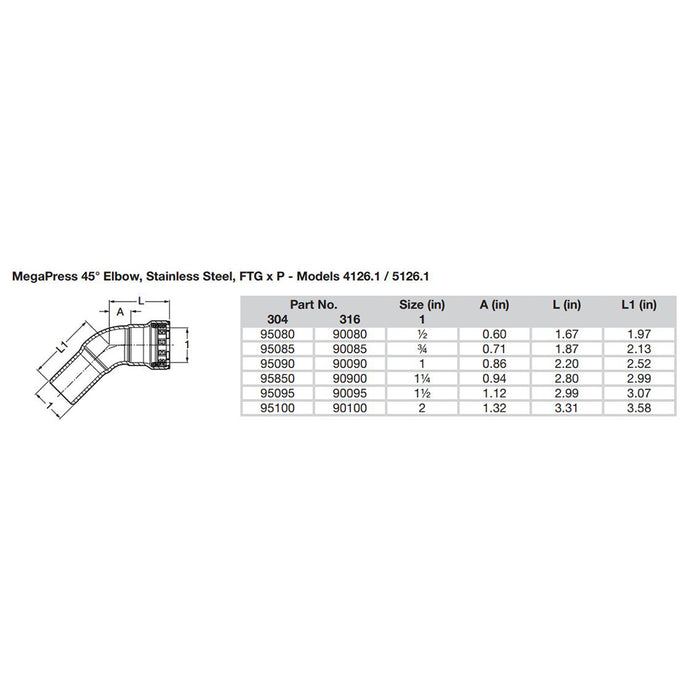 Viega MegaPress 1/2" 45° Stainless Steel 304 Elbow Street - Press Connection - Smart Connect Technology