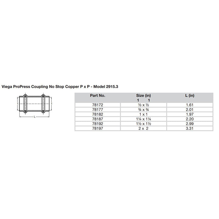 Viega ProPress 2" Copper Coupling w/o Stop - Double Press Connection - Smart Connect Technology