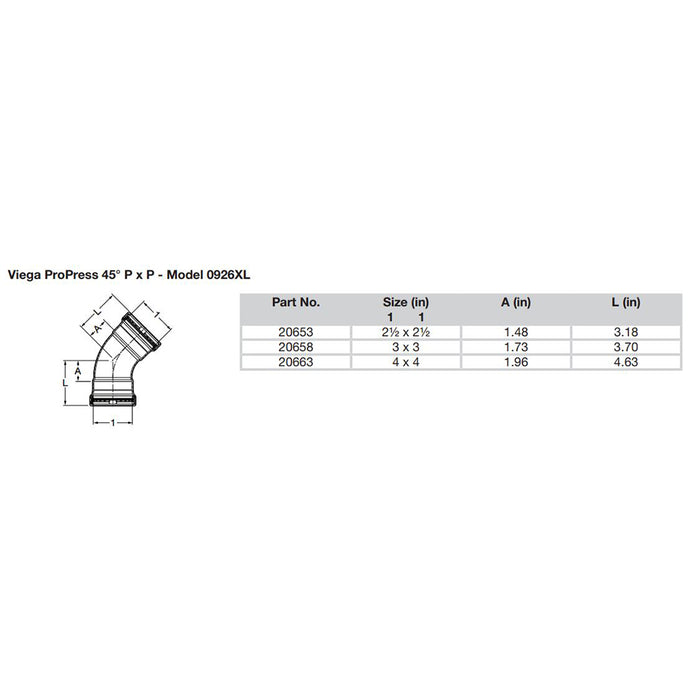 Viega ProPress 2-1/2" - 45° Copper Elbow - Double Press Connection - Smart Connect Technology