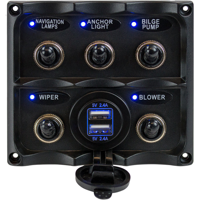 Sea-Dog Water Resistant Toggle Switch Panel w/USB Power Socket - 5 Toggle