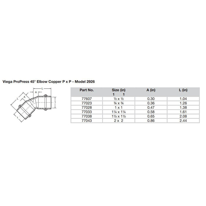 Viega ProPress 1-1/2" - 45° Copper Elbow - Double Press Connection - Smart Connect Technology