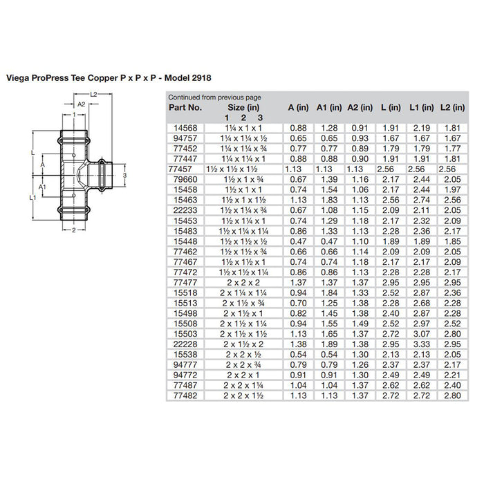 Viega ProPress 1-1/2" Copper Tee - Triple Press Connection - Smart Connect Technology