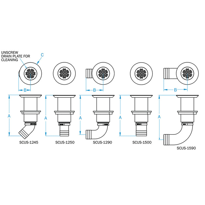 GROCO 1-1/2" Hose Barb Stainless Straight Deck Drain